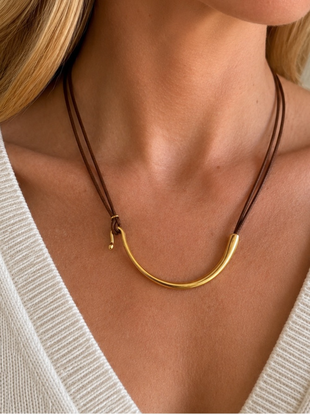 Gold Crescent Pendant Necklace on Brown Leather Cord